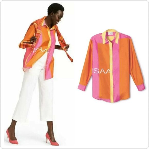 Isaac Mizrahi 20th Anniversary Collection Colorblock 100% Silk Blouse S - Picture 1 of 10
